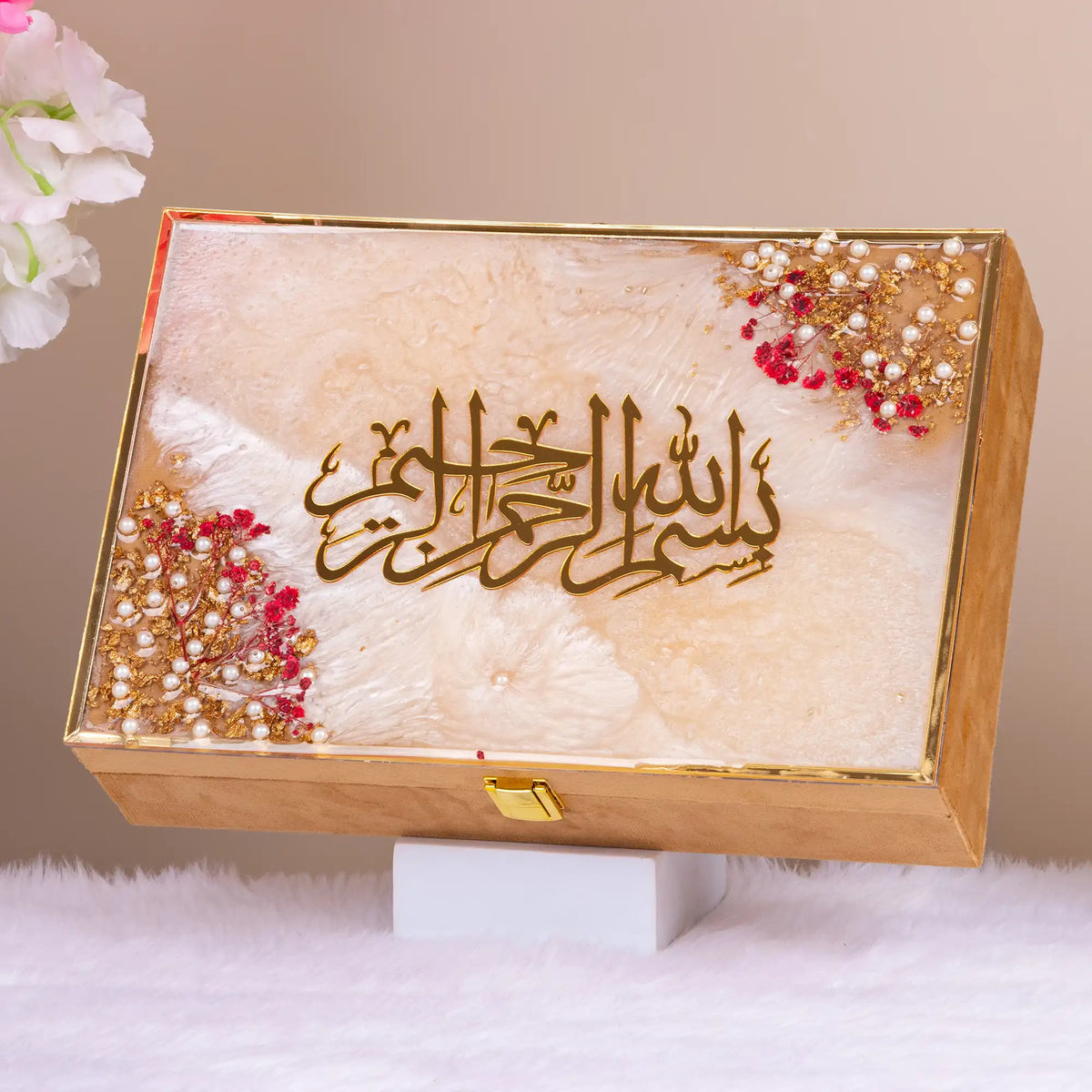Beige Handmade Velvet Quran Box with golden Arabic calligraphy and floral resin design. Elegant Ramadan gift for prayer and decor.