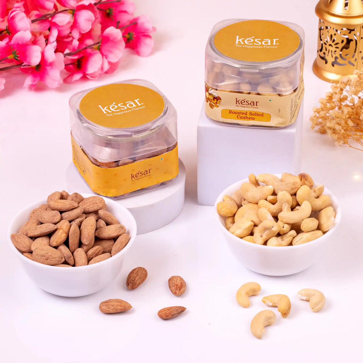 Premium dry fruits including almonds, cashews, and roasted nuts from Noor Al-Barakah Gourmet Hamper, ideal for festive Islamic gift baskets and gourmet hampers.