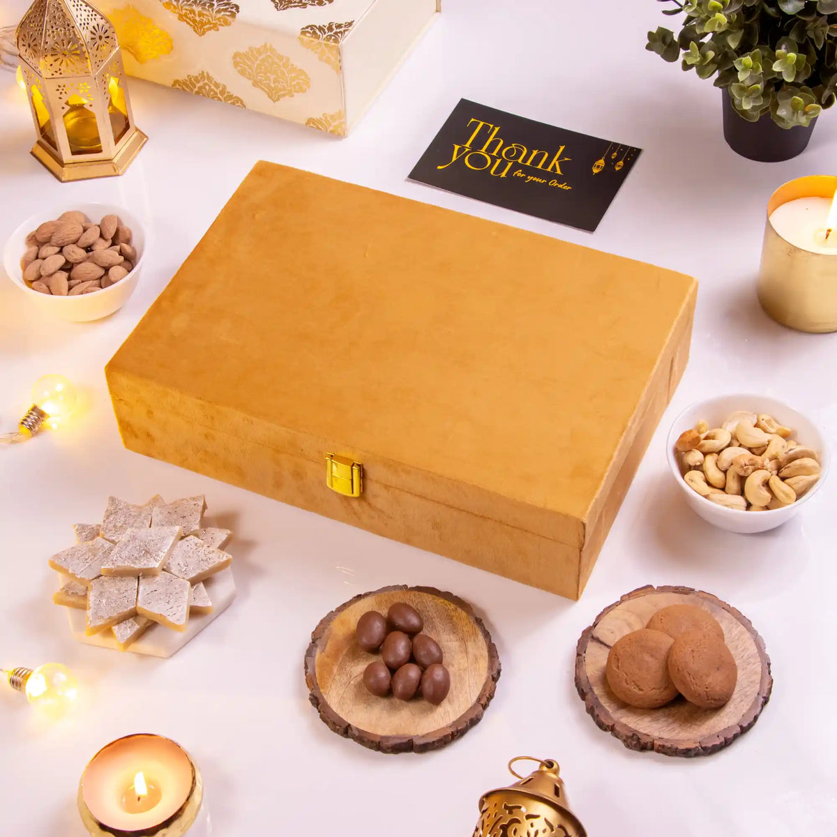 Golden Indulgence Hamper in elegant packaging, perfect for Islamic gifting during Ramadan, Eid, and special occasions.