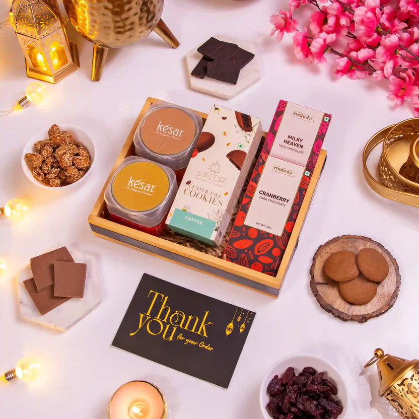 Heavenly Indulgence Treat Hamper - Islamic Gift for Eid featuring cookies, chocolates, and sweets in a festive Ramadan gift basket. Main image
