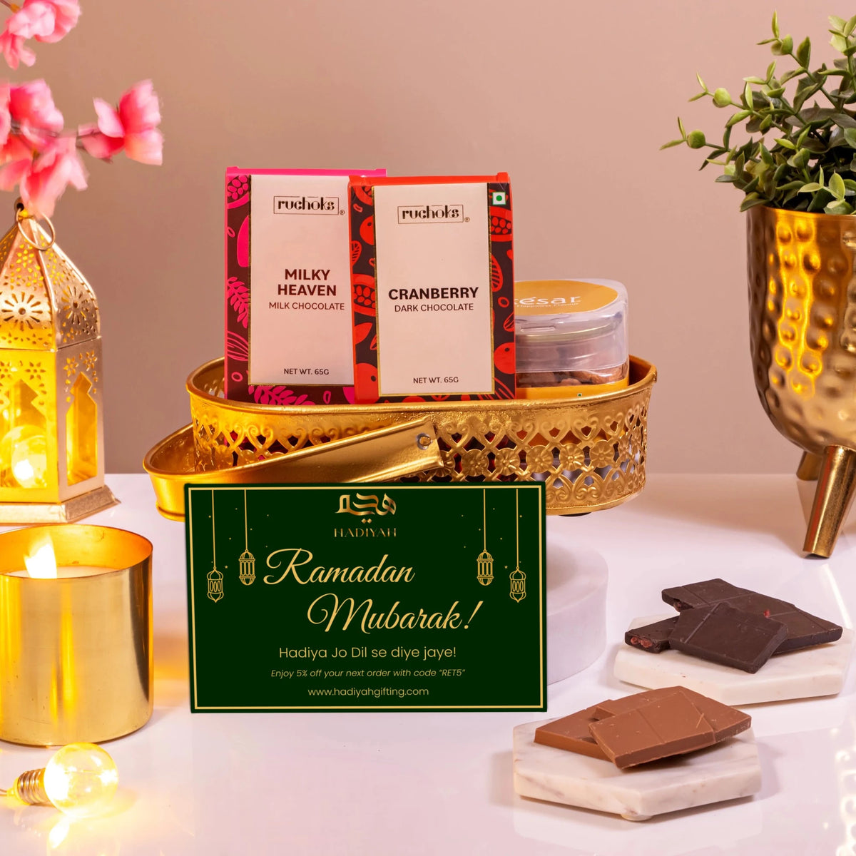Sweet Treats Hamper - Ramadan Gifts featuring premium chocolates, almonds, and a festive greeting card in a golden tray. Ideal for Eid gifting.