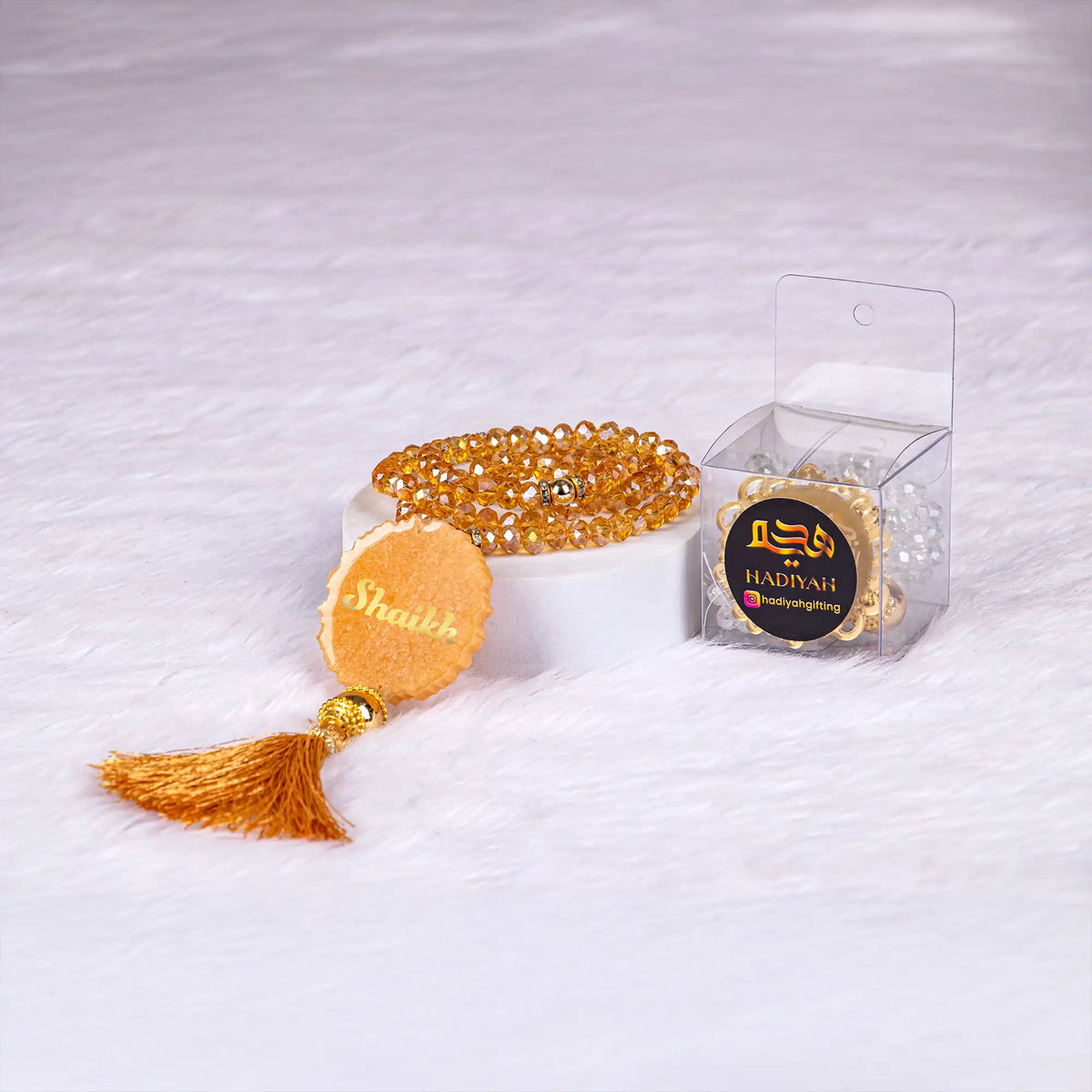 Golden Floral Pearl Sawab-E-Jariya Hamper featuring a crystal tasbeeh with golden tassel and personalized tag, ideal for Quran gift sets online.