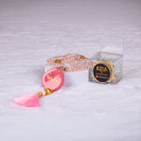 Elegant Pink Crystal Tasbeeh with personalized name and tassel, presented with branded gift box, perfect for men and women.