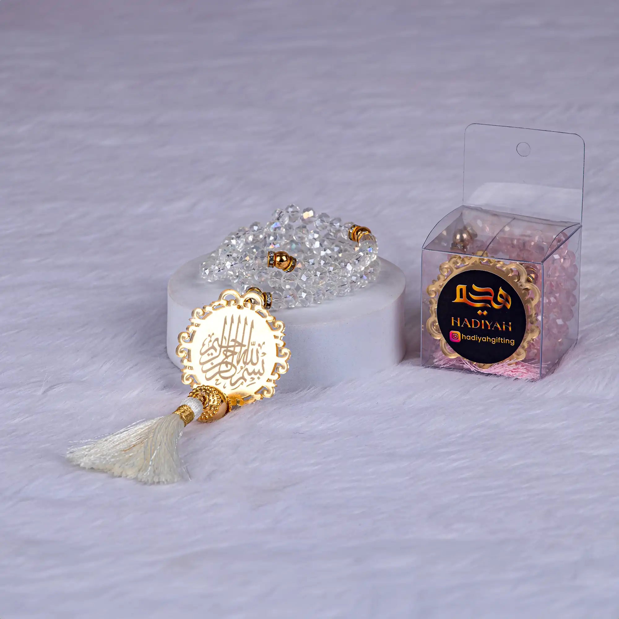 Crystal Tasbeeh with gold Islamic charm and packaging, part of the Bridal Gift Hamper - Sawab-e-Jariya for wedding gifts. Main image