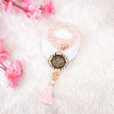 Pink crystal tasbeeh with gold Islamic medallion and tassel – 100-bead crystal tasbeeh included in Pink Sequence Tilawat-e-Quran Combo 2 gift set
