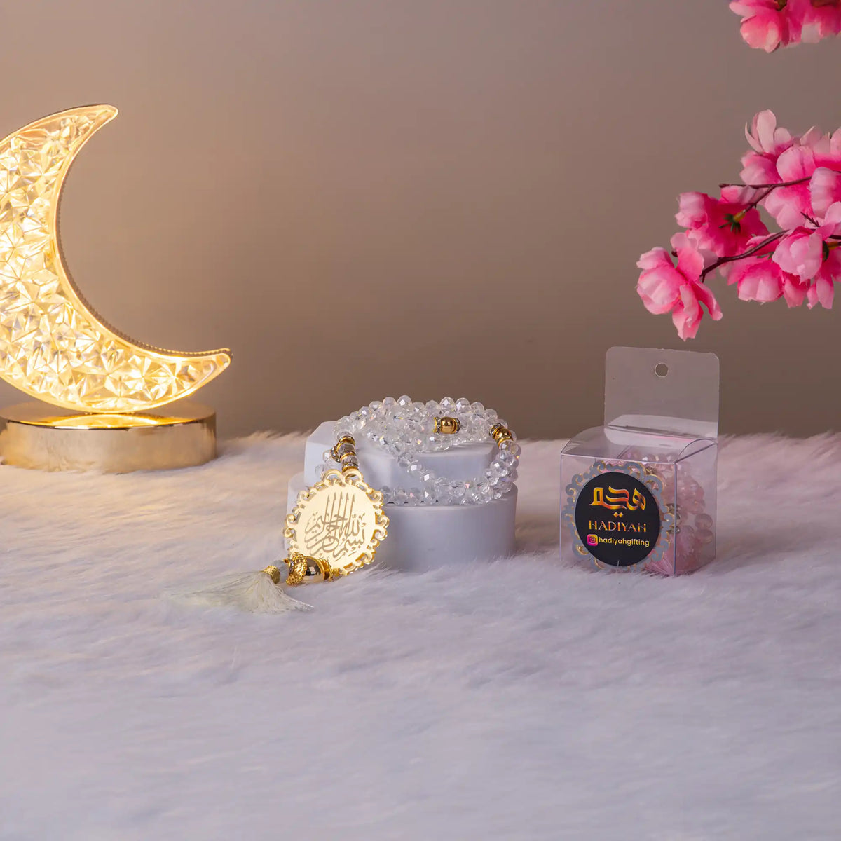 Elegant tasbeeh with gold calligraphy pendant and crystal beads, part of the Amaanat-e-Nikaah Bridal Bling Collection.