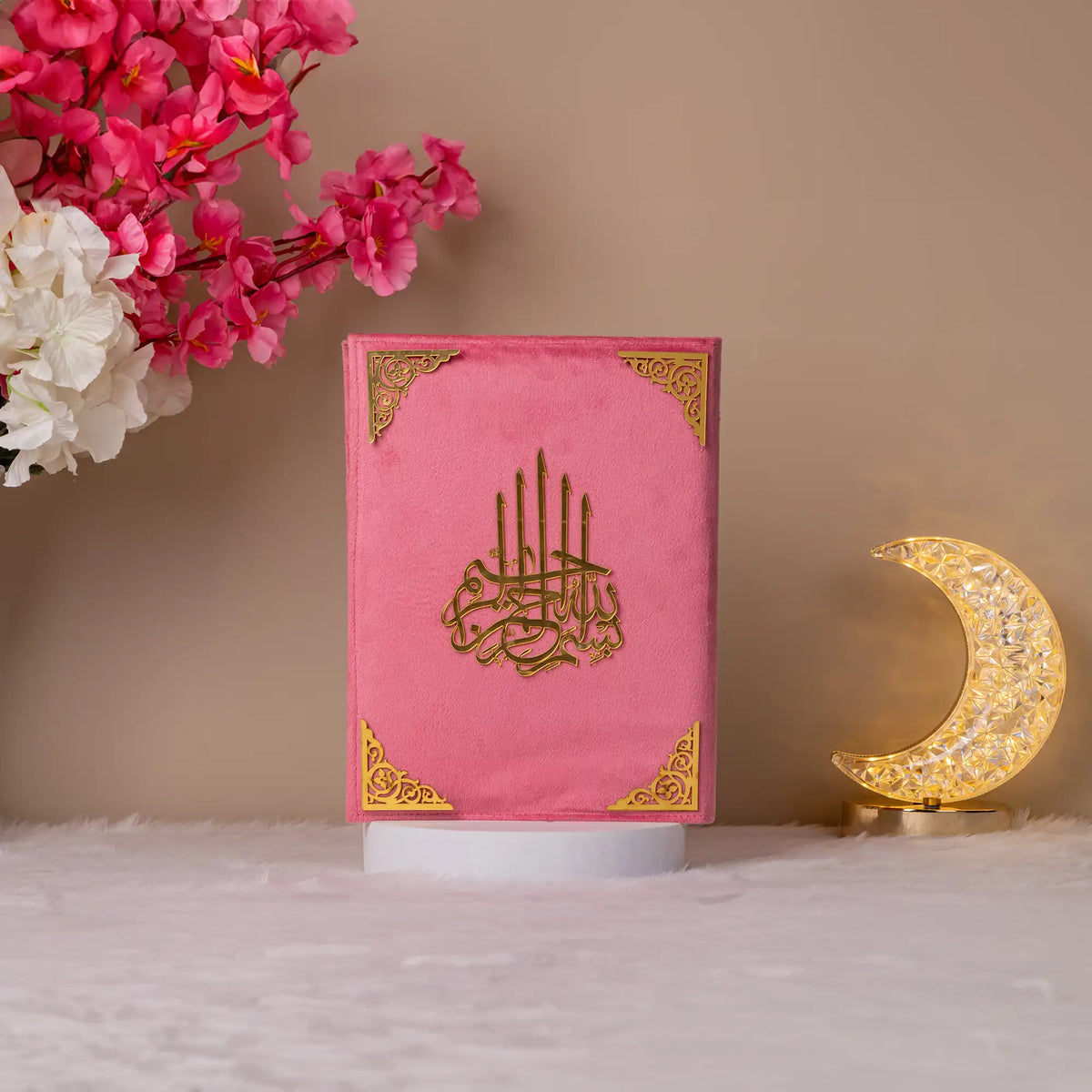 Pink Velvet Translation Quran with gold Islamic design, premium gift for women or festive occasions.