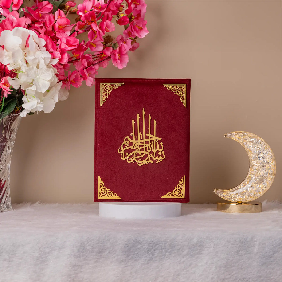 Maroon Velvet Covered Translation Quran with gold design, perfect for weddings, housewarmings, or religious celebrations.