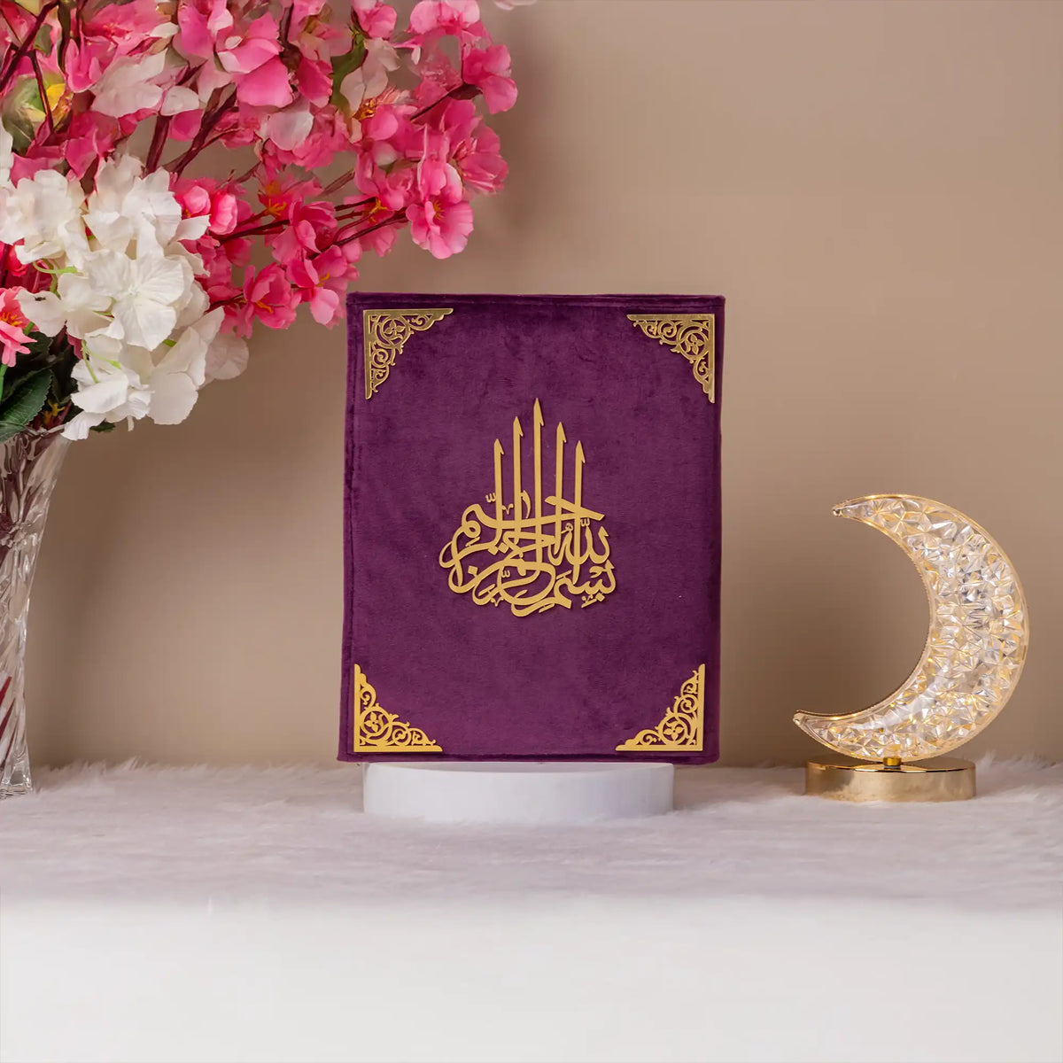 Purple Velvet Translation Quran with ornate gold accents, elegant gift option for Ramadan, Eid, or personal prayer use.