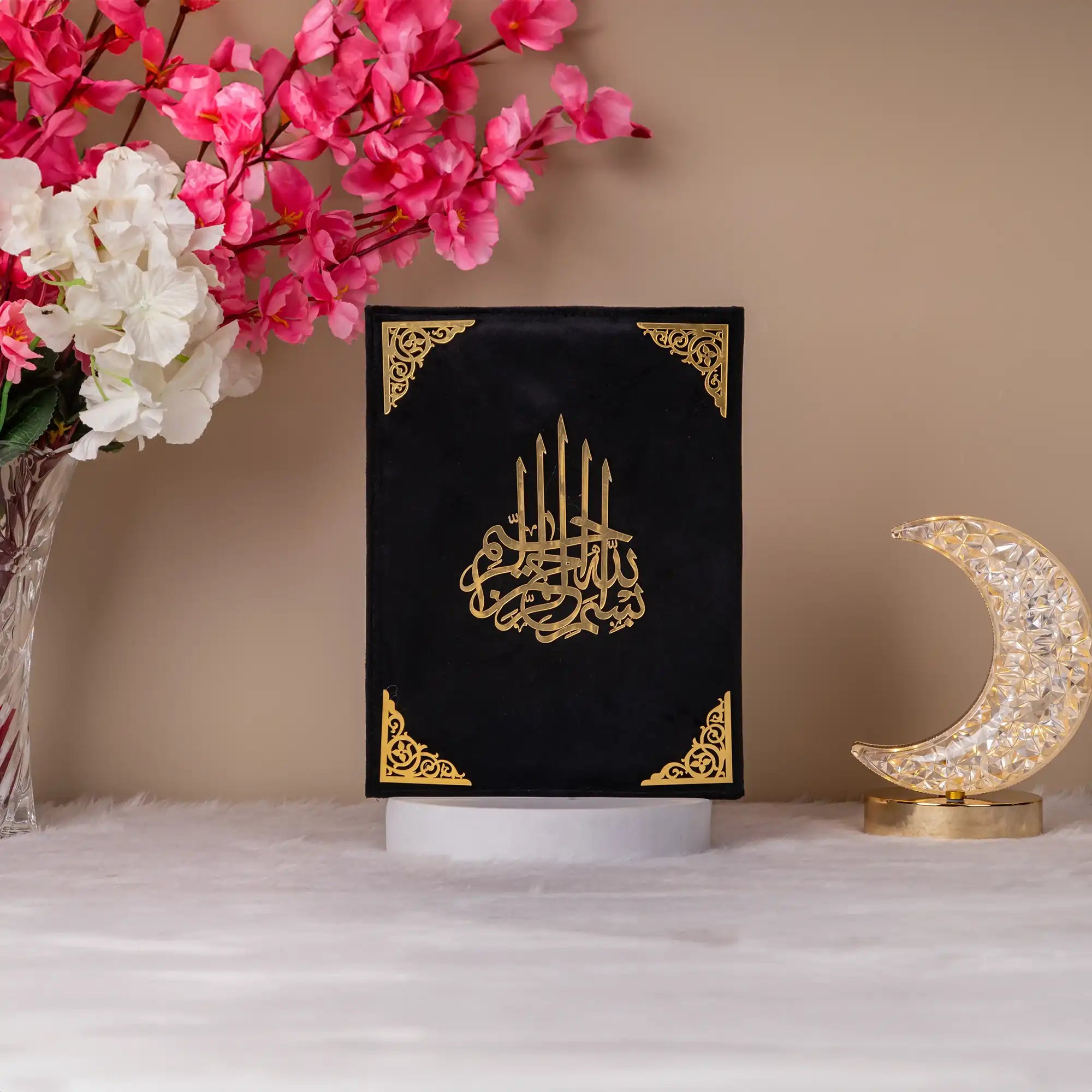 Black velvet Quran with golden Islamic calligraphy from the Black Sequence Rehal Hamper - a premium Sawab-e-Jariya gift.