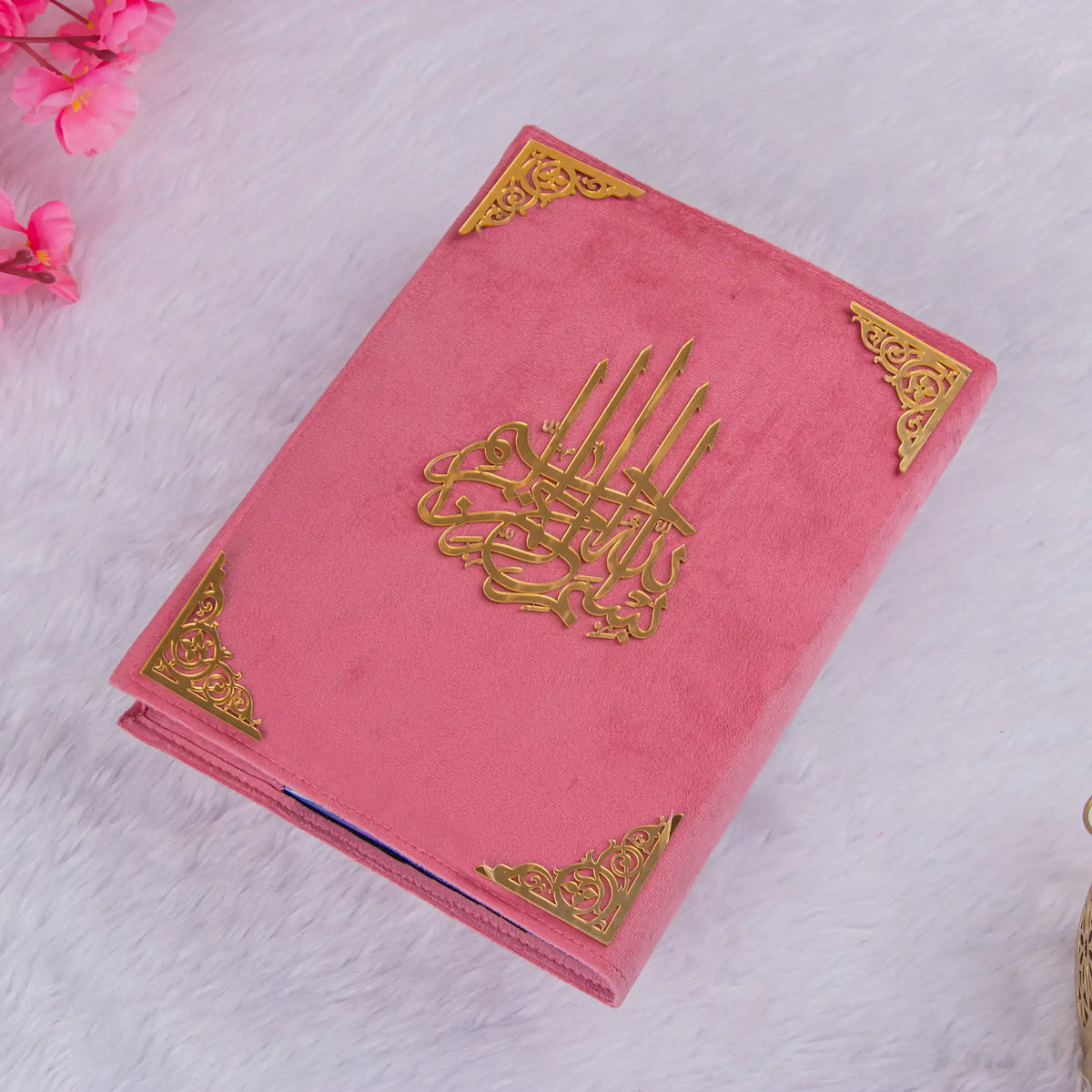 Translation Quran Velvet Cover in pink with gold Arabic calligraphy, ideal premium gift for weddings or personal use.