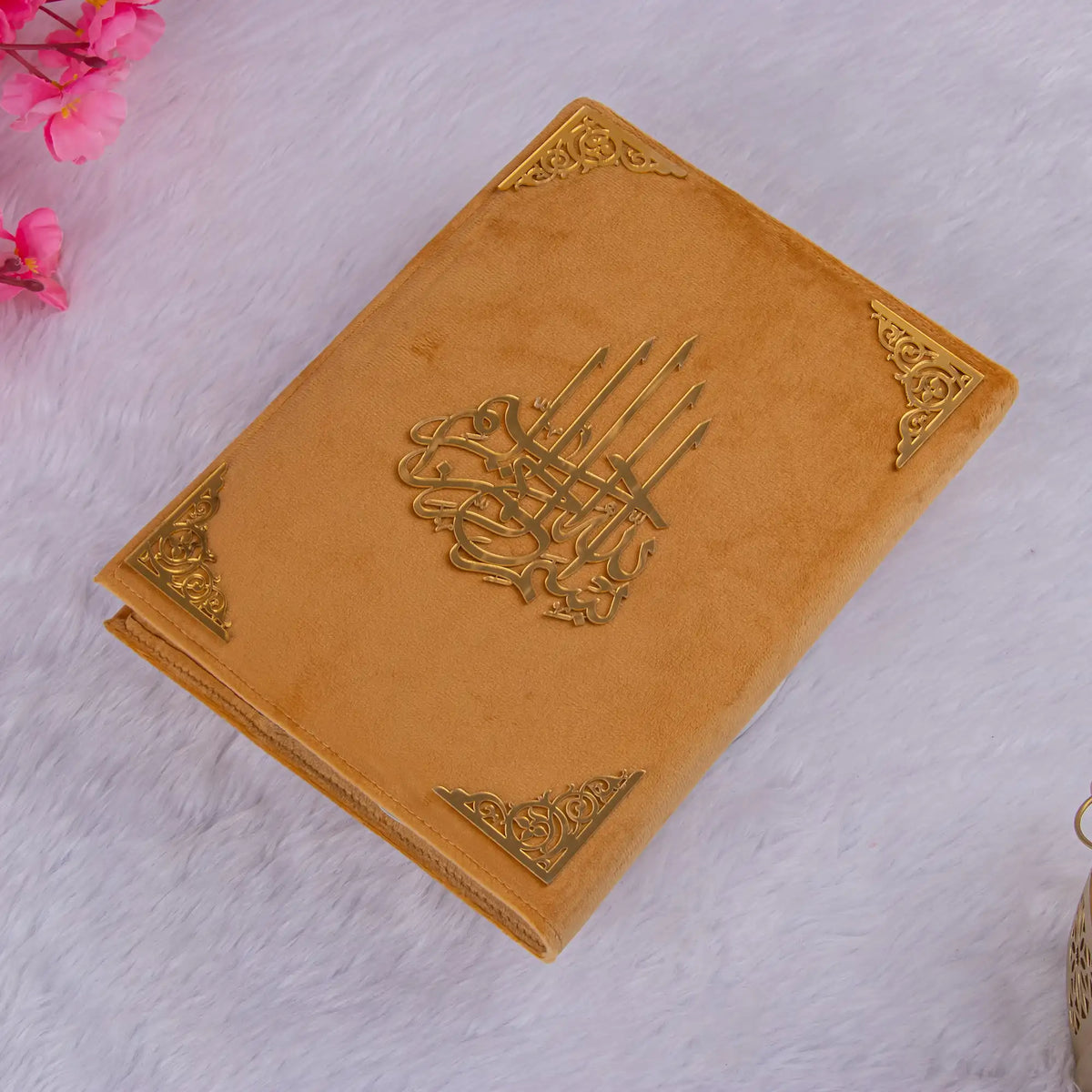 Tan Premium Velvet Covered Translation Quran with gold embellishments, ideal for gifting or personal devotion.