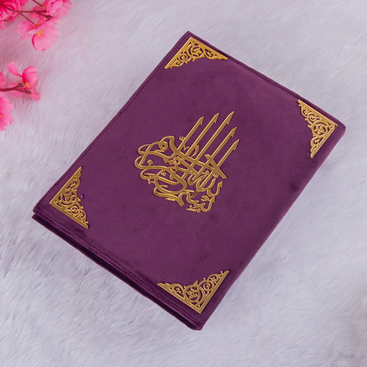 Luxurious purple velvet Quran with gold calligraphy, a premium Islamic gift for men and women, ideal for gifting abroad.