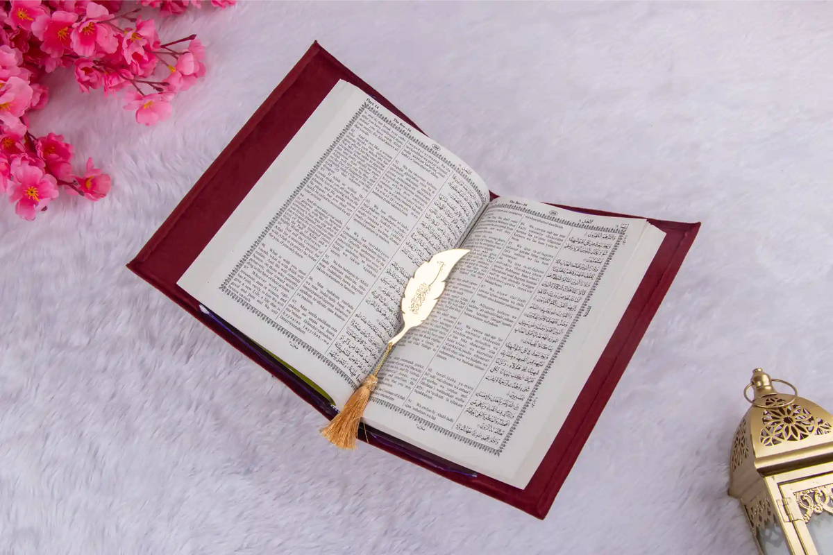 Open Velvet Quran with Urdu translation, ideal for personal devotion or gifting during Islamic festivals and events.