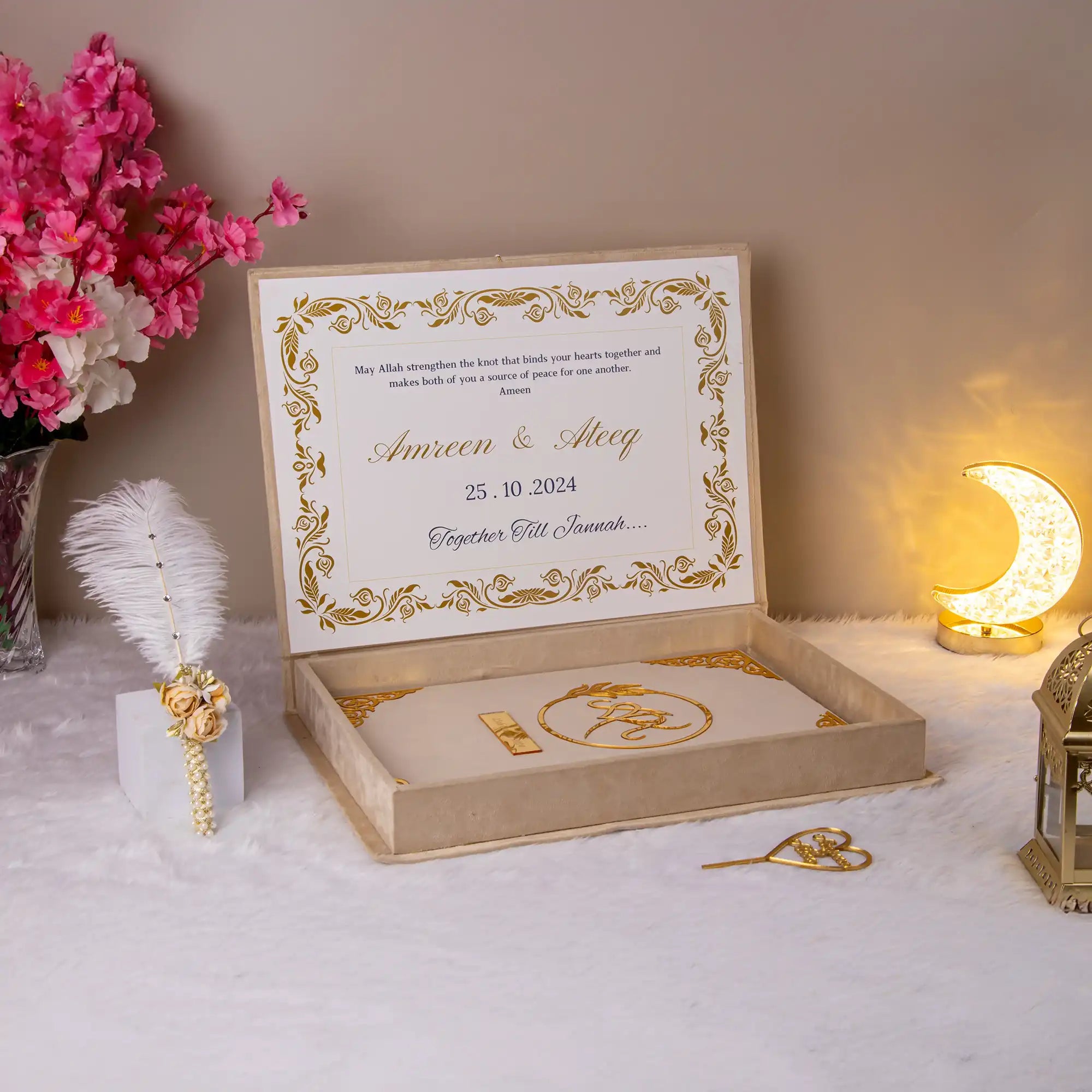 Open Nikah Nama Hamper box displaying personalized wedding prayer card and accessories, perfect for bridal gifting.