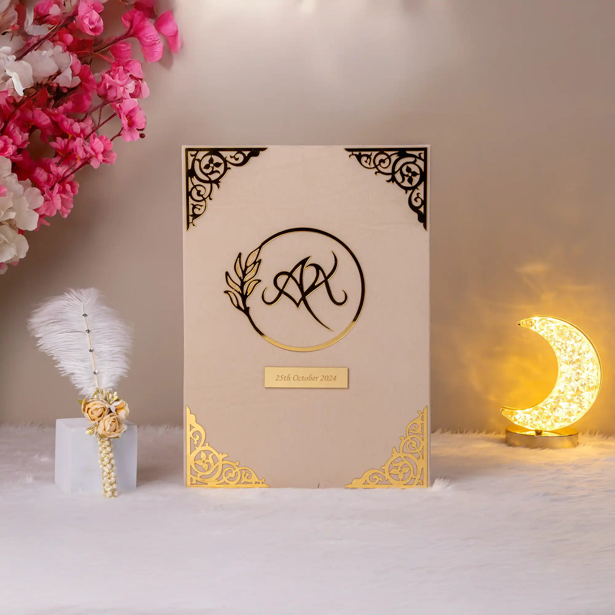 Elegant A3 Nikah Nama with gold accents and personalized initials, included in the Divine Elegance Thumb Print Edition Hamper.