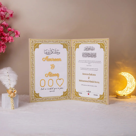 A3 thumb print edition Nikah Nama with gold detailing and personalized names, part of the Divine Elegance Nikah Nama Hamper.