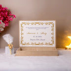 Inside view of Divine Elegance Nikah Nama Hamper with gold bordered prayer card and couple's names, ideal for Nikah gifting.