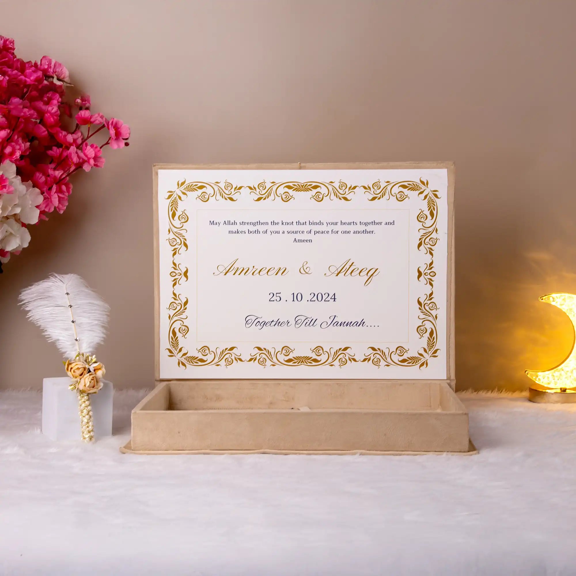 Inside view of Divine Elegance Nikah Nama Hamper with gold bordered prayer card and couple's names, ideal for Nikah gifting. Main image