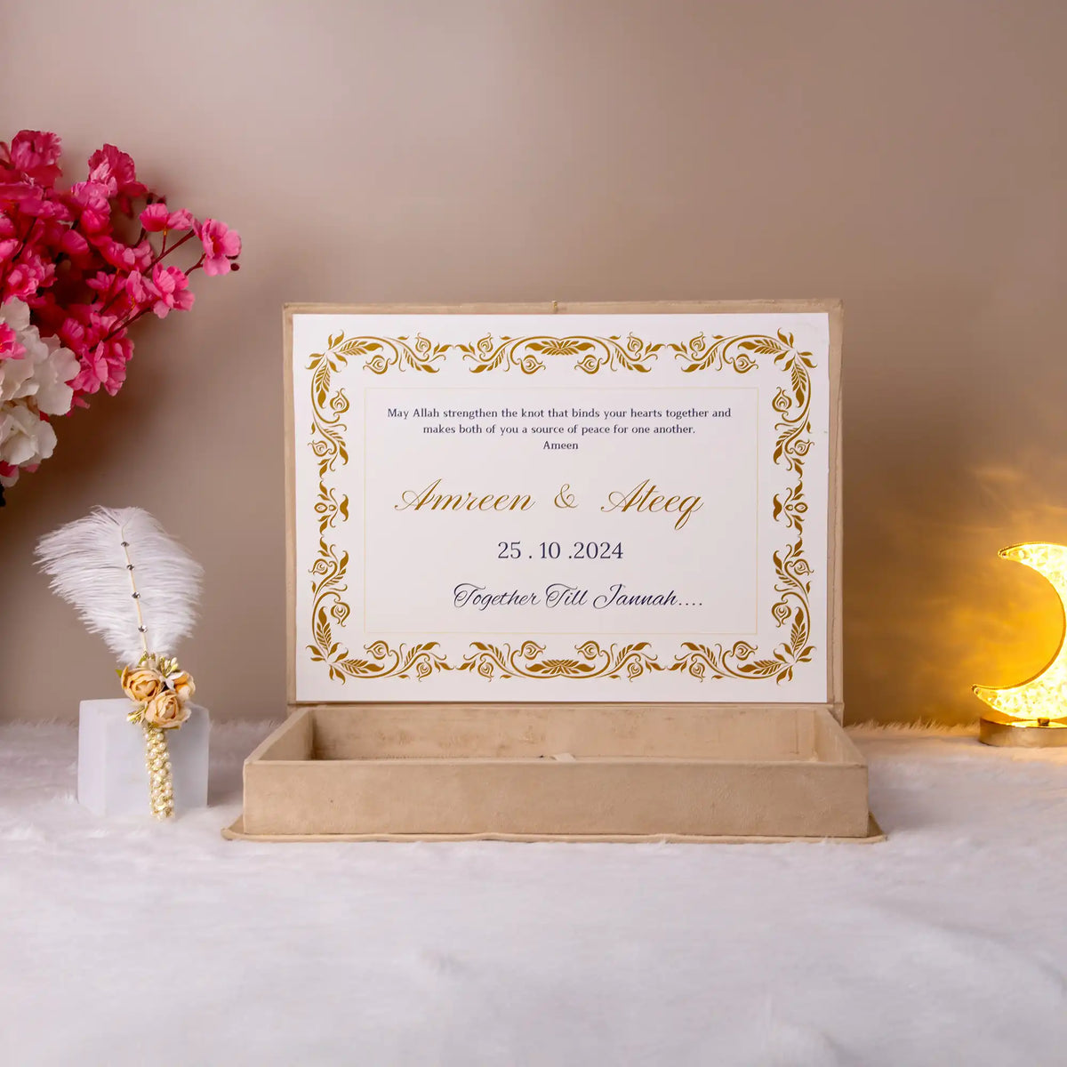 Inside view of Amaanat-e-Nikaah bridal gift box with personalized message and couple's names, perfect for Sawab-e-Jariya gifting.