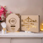 Divine Elegance Nikah Nama Hamper in a beige velvet box with gold foil names and floral decor, ideal for wedding ceremony gifting.