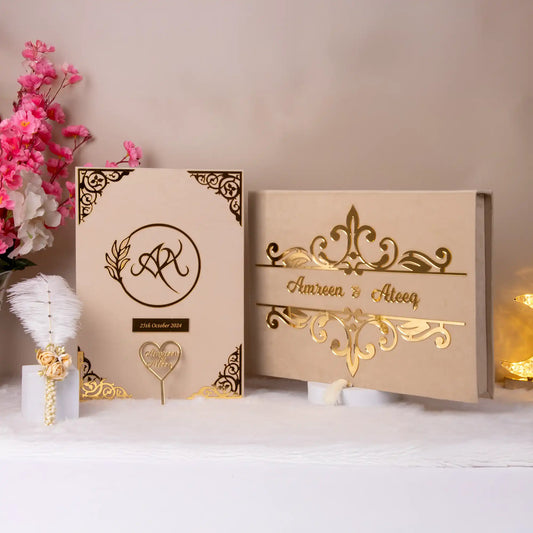 Personalized Amaanat-e-Nikaah bridal gift box with golden monogram and custom names, ideal for Nikah ceremonies and Islamic wedding gifting.