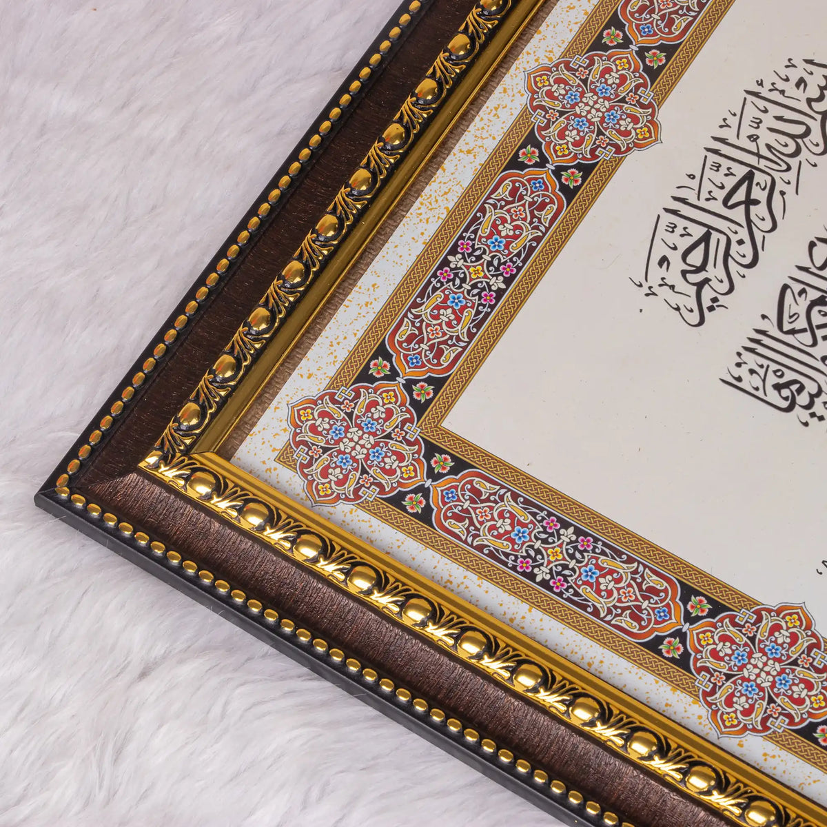 Close-up of Crimson Grace Nikah Nama frame with intricate gold detailing and traditional Islamic border design, perfect for personalized wedding keepsakes.