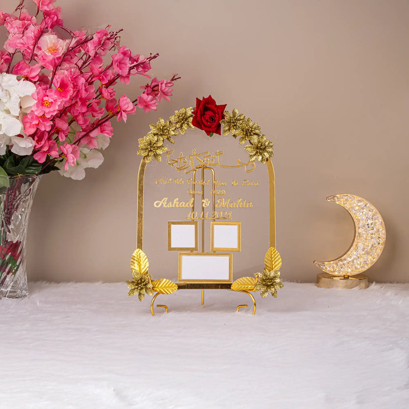Nikah Thumbprint Frame - Dome Design with gold floral accents and red rose, ideal custom wedding gift for Islamic ceremonies and home decor. Main image