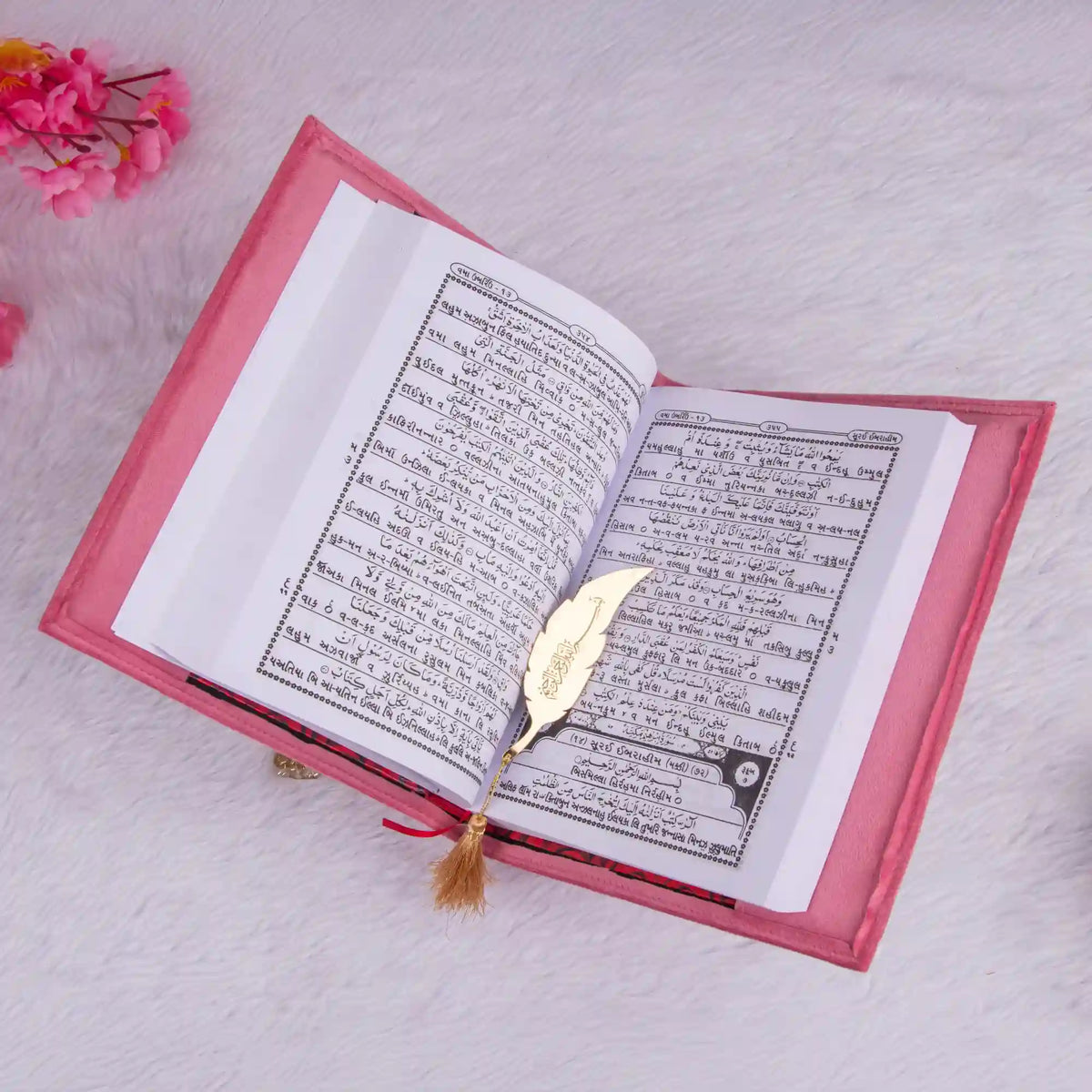 Open book with a pink cover and a gold feather on a light gray background