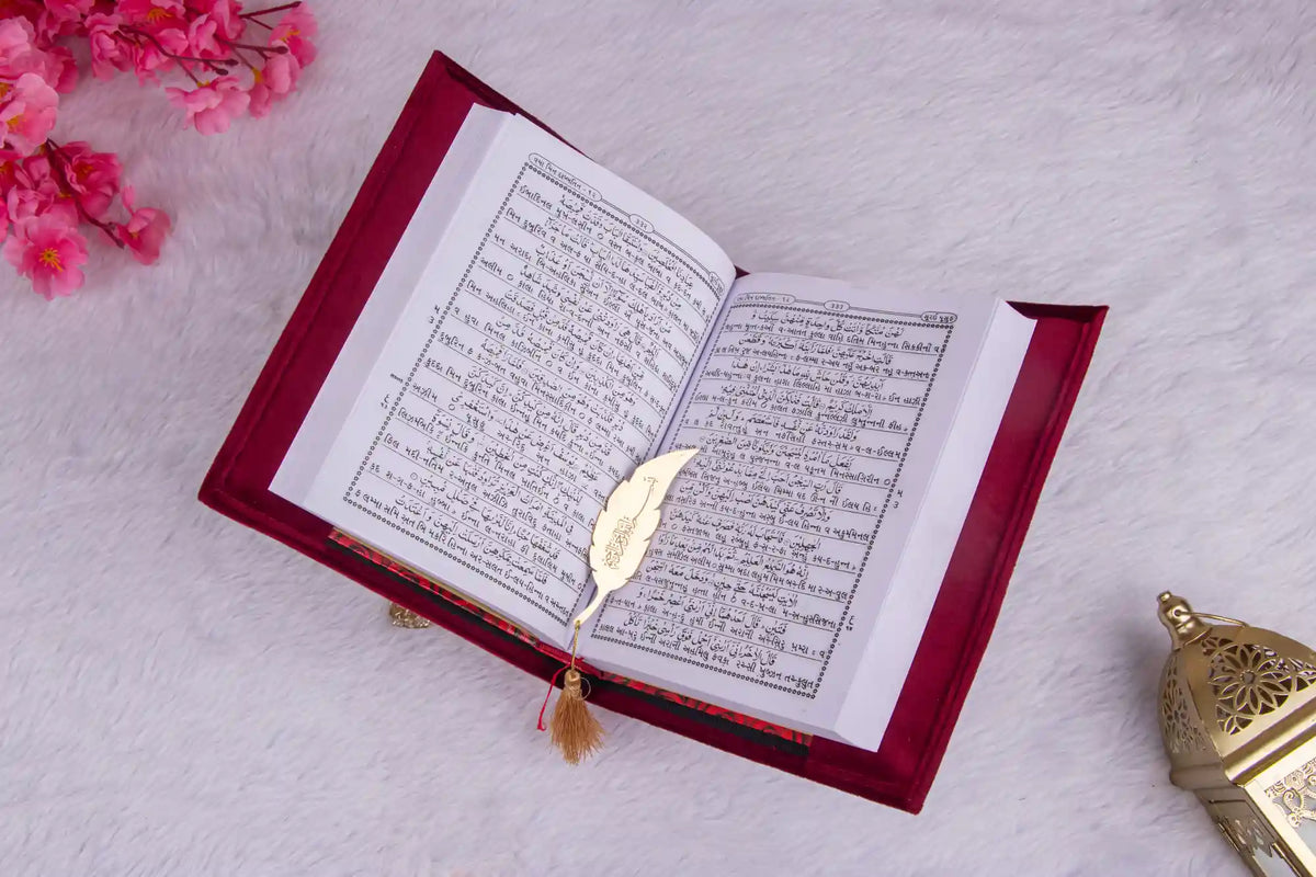 Velvet Quran open to Gujarati translation, premium edition for diverse language speakers and Islamic gift occasions.