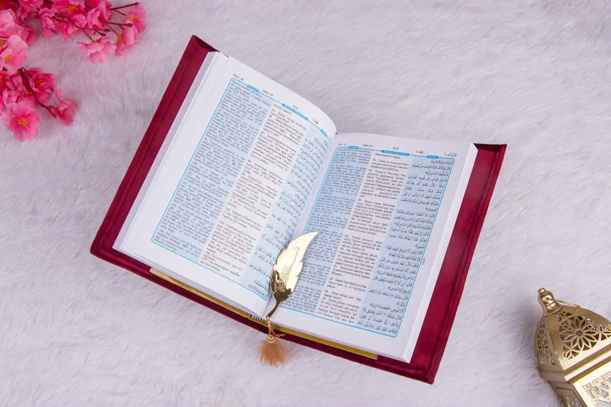 Open Velvet Quran showing bilingual Arabic-English translation, ideal for learning and gifting in multiple languages.