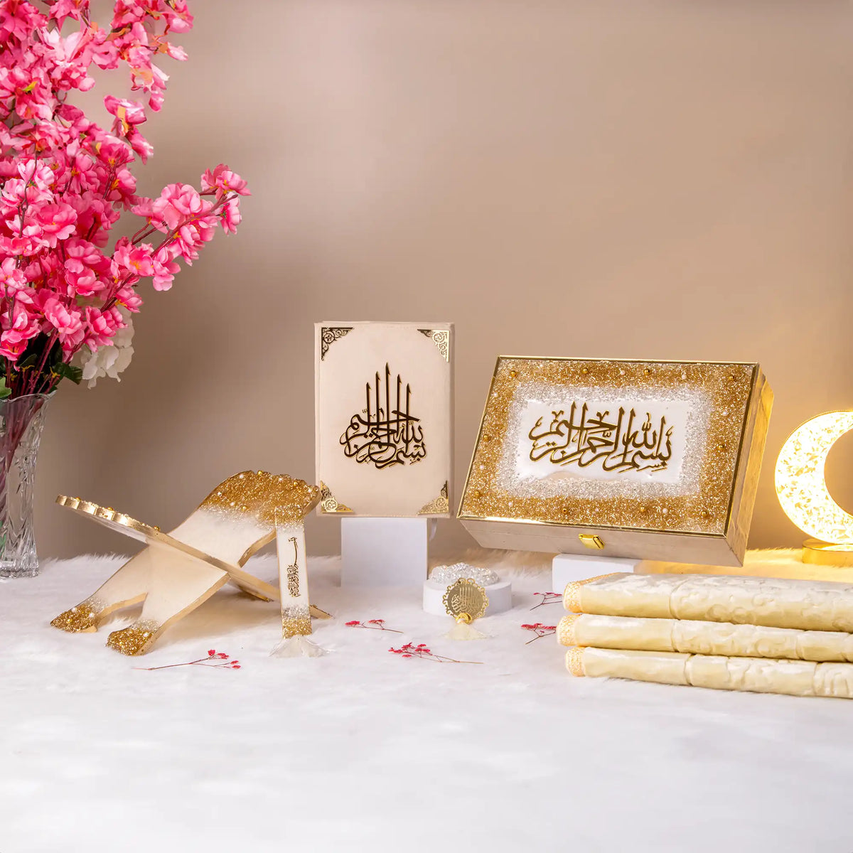 Amaanat-e-Nikaah - Bridal Hamper Gift Collection featuring a premium offwhite Quran gift set with crystal tasbeeh, rehal, and Islamic calligraphy box.