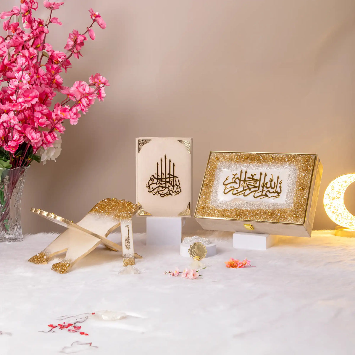 Offwhite Bridal Rehal Hamper featuring a velvet Quran, glitter Rehal, acrylic Tasbeeh, and Islamic decor. Ideal for wedding gifts and bridal ceremonies.