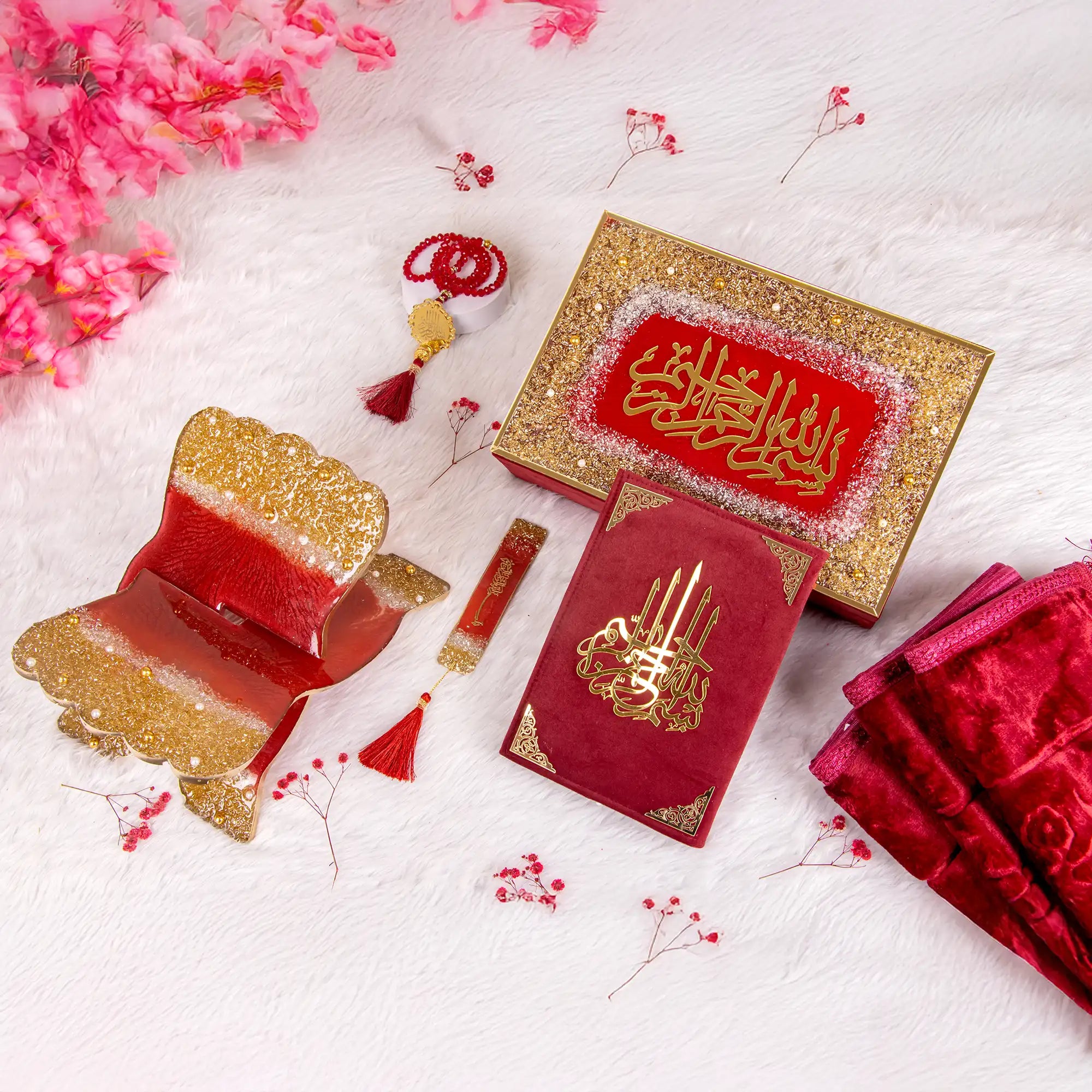 Maroon Sawab-E-Jariya Hamper featuring Quran, Tasbeeh, Janamaz, and glittered book stand. Ideal Islamic gift set for Eid, weddings, and ceremonies. Main image