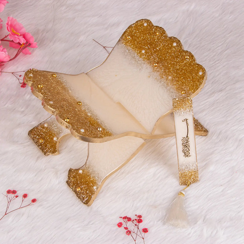Offwhite Quran holder made of handmade resin with gold sequins, ideal for Islamic gifts and religious book display. Main image
