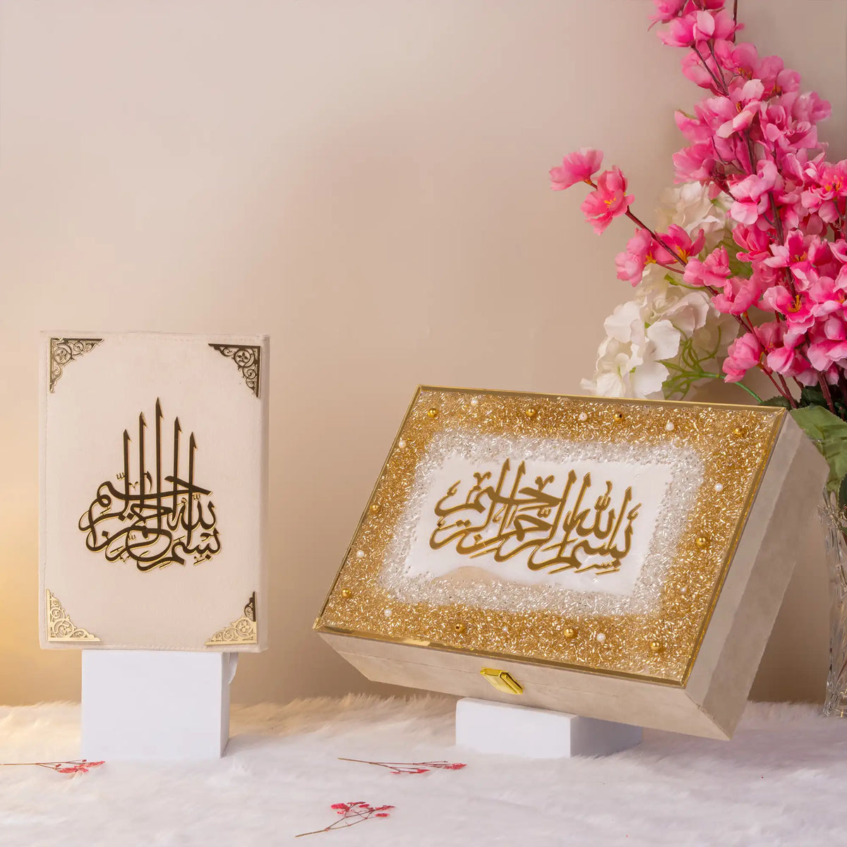 Luxury Quran and decorative box with golden Arabic calligraphy from the Offwhite Sawab-E-Jariya Hamper, perfect for Eid and wedding gifts.