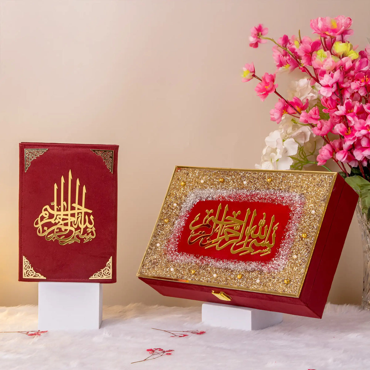 Velvet Quran and embellished gift box from the Maroon Sequence Rehal Hamper - Luxury Quran Gift Set. Premium Islamic gift for special occasions.