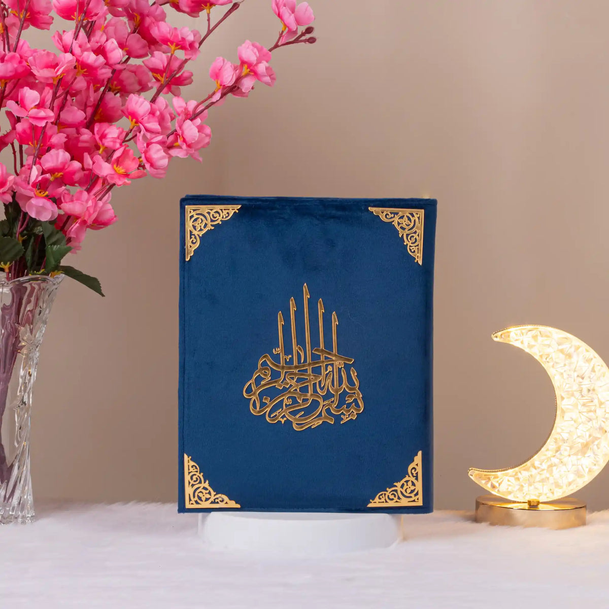 Kaaba Quran - Premium Velvet Gift Box in navy blue with intricate gold accents, ideal for ceremonial gifting and prayer essentials.
