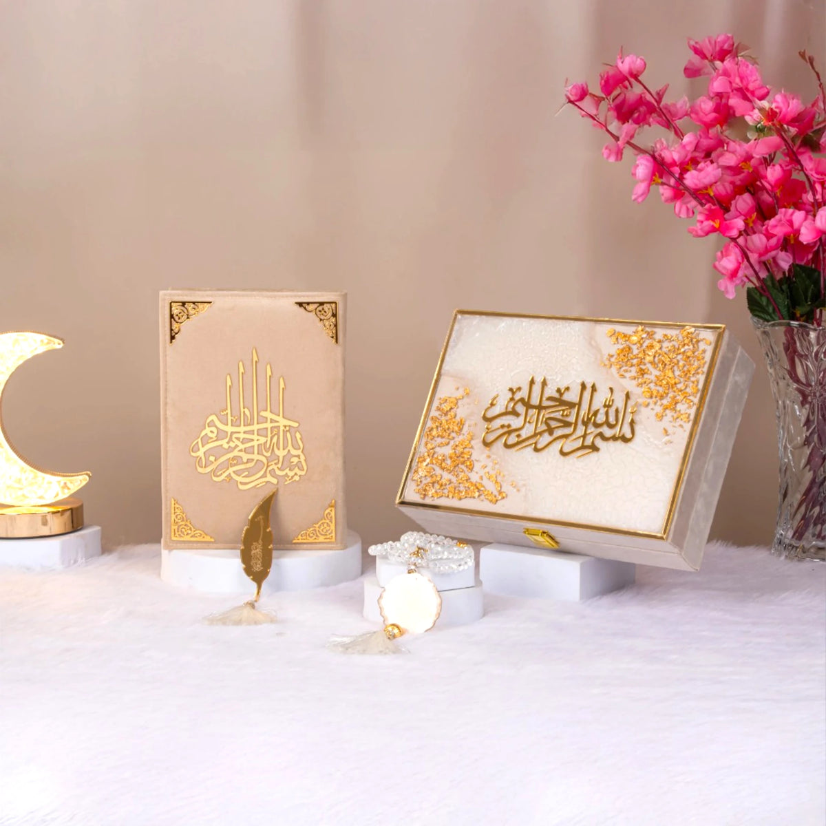 Tilawat-e-Quran Hamper with offwhite Quran, decorative box, Tasbeeh, and bookmark. Ideal for Ramadan or Eid gifting in religious ceremonies.