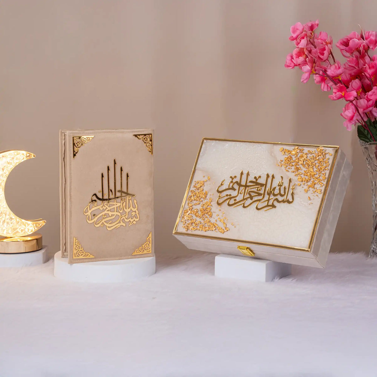 White and gold Tilawat-e-Quran gift set with elegant Arabic calligraphy, ideal for Ramadan, Eid, and Nikah gifting.