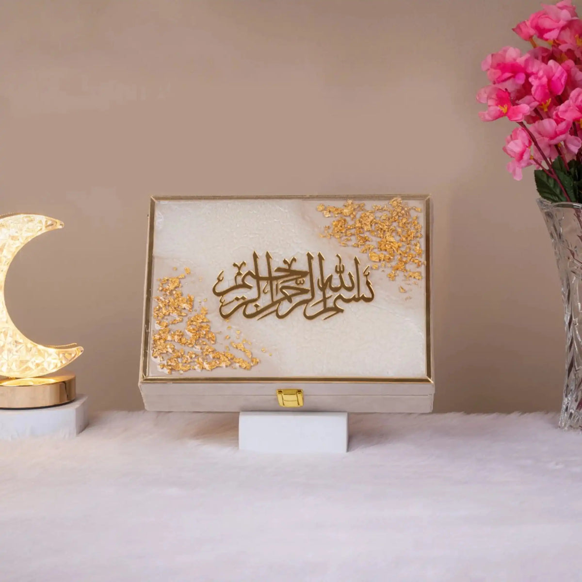 Elegant Handmade Velvet Quran Box with golden floral accents and Bismillah script. Perfect Ramadan gift for storing prayer items and keepsakes.