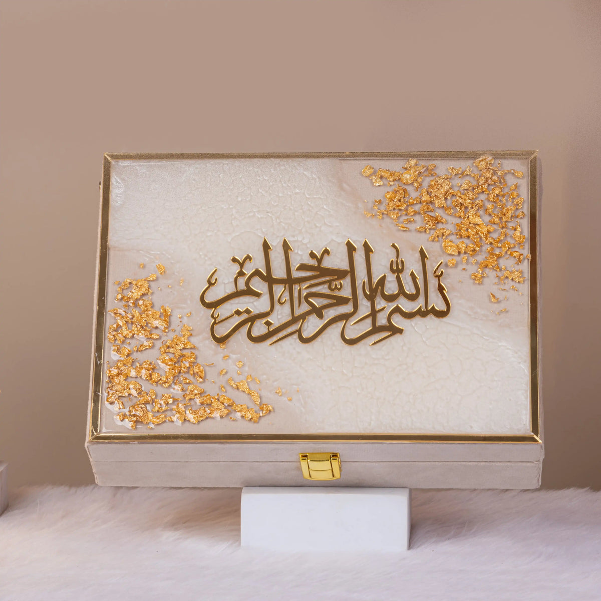 Decorative offwhite Tilawat-e-Quran gift box with gold Arabic calligraphy and crystal embellishments. Ideal for bridal or religious gifting.
