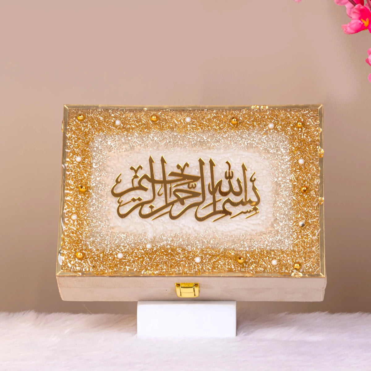 Gold-embellished Offwhite Quran Hamper box with Arabic calligraphy. A premium Tilawat-e-Quran gift for weddings and Islamic events.