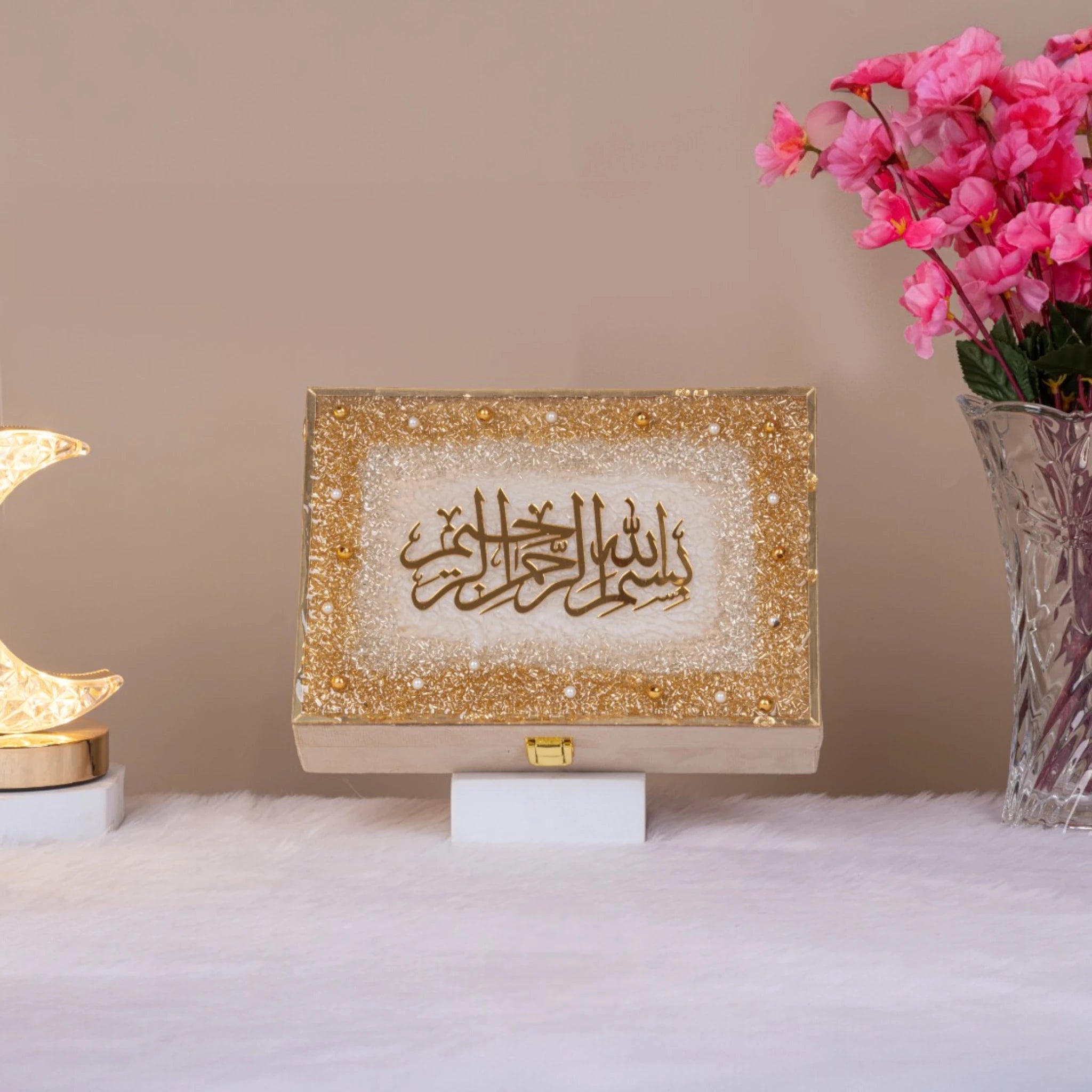 Handmade Designer Velvet Quran Box in beige with gold glitter and Bismillah calligraphy. Ideal Islamic gift for Ramadan and prayer essentials. Main image