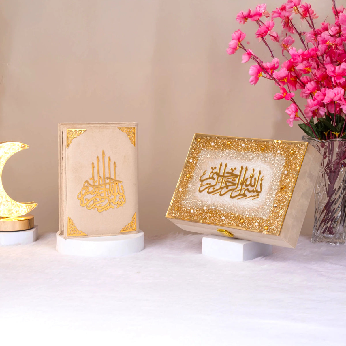 Elegant Offwhite Tilawat-e-Quran Gift Hamper with gold-detailed Quran and embellished storage box. Perfect for weddings and religious gifting.