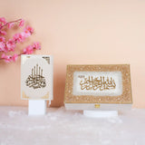 Elegant Offwhite Tilawat-e-Quran Gift Hamper with gold-detailed Quran and embellished storage box. Perfect for weddings and religious gifting.