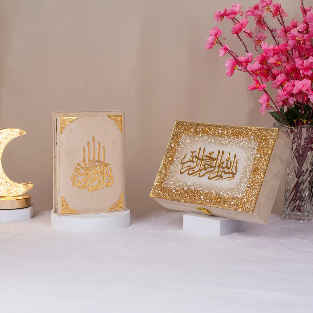 Beige Tilawat-e-Quran set with gold calligraphy and ornate box, part of Ramadan Hamper for spiritual and ceremonial gifts.