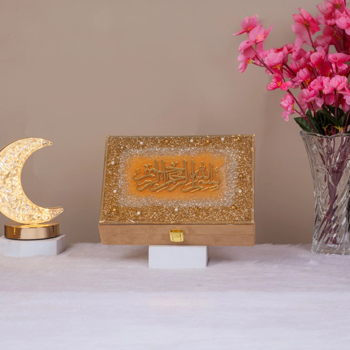 Brown Handmade Velvet Quran Box with glitter frame and Arabic Bismillah. Ideal for gifting during Ramadan or storing Islamic keepsakes.