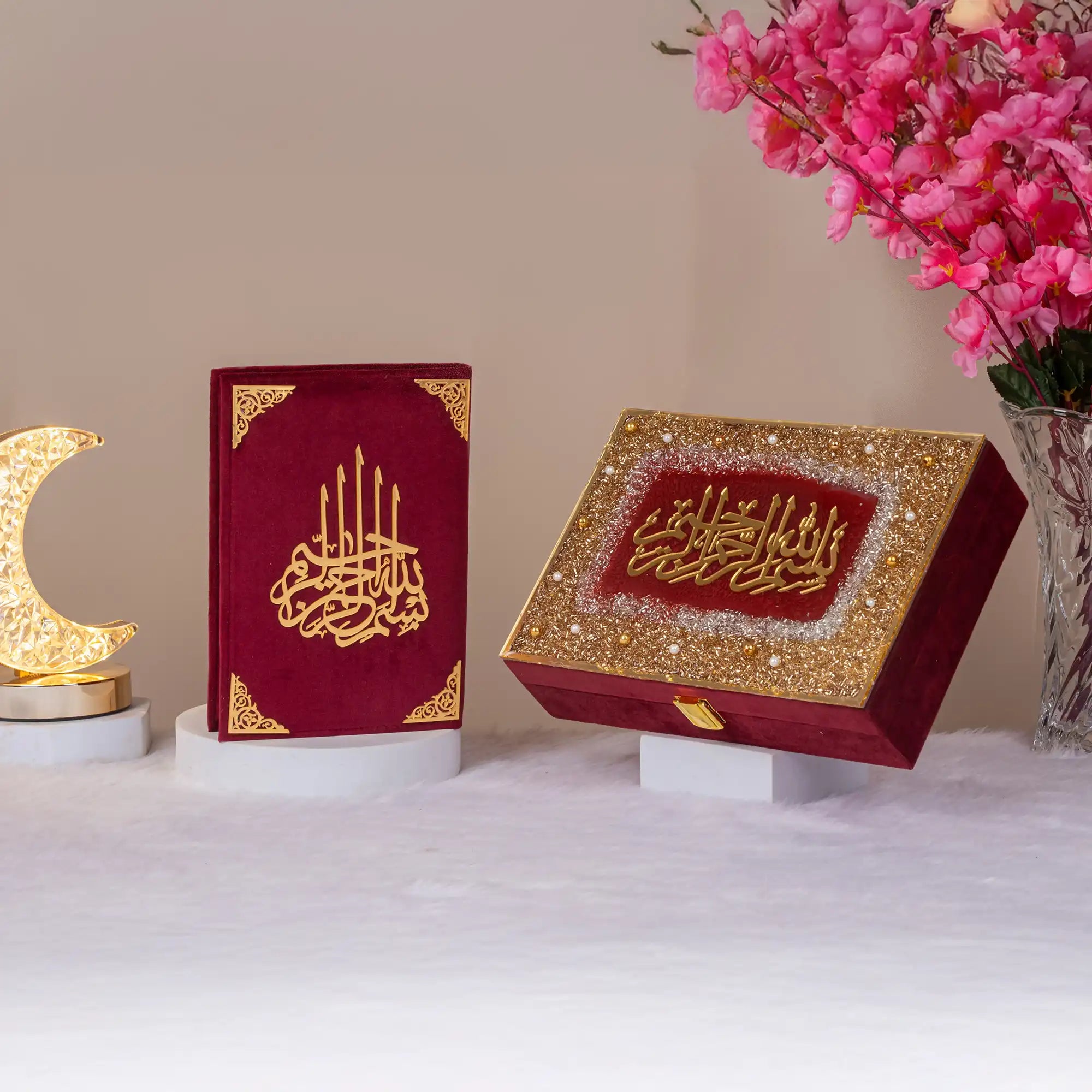 Premium maroon velvet Quran and glittered gift box from Amaanat-e-Nikaah Sawab-e-Jariya Collection, perfect for Islamic wedding gifting. Main image