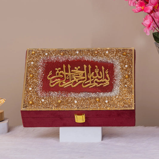 Maroon Tilawat-e-Quran gift box with glittering gold embellishments and Arabic calligraphy, perfect for Ramadan and ceremonial gifting.